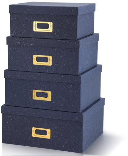 Eaasty Set of 4 Decorative Storage Boxes with Lids, Kraft Paper Boxes with Gold Label Holders, Decorative Photo Memory Keepsakes Storage, Cardboard Organizers for Home Decor, Office Organizing(Blue)