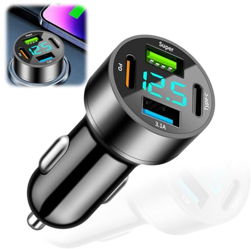 Cargador de Coche con 4 Puertos USB C, [PD30W+Tipo-C+Super+3.1A] | Toma USB para coche con LED voltímetro, adaptador de carga rápida, compatible con teléfono, Android, Pad - Compacto y ligero