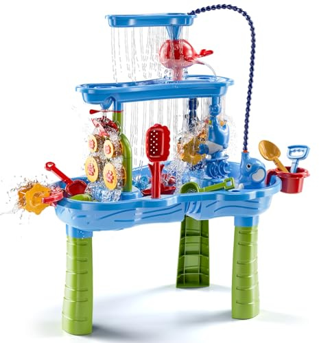 BLmukce 3-Tier Water Table for Kids Toddlers Ages 1 2 3+ 4-8 with Chair, Outdoor Summer Beach Sensory Play Activity Toys, Water Pool Table, Birthday Gifts for Boys Girls (Water Table + Pump Elephant)