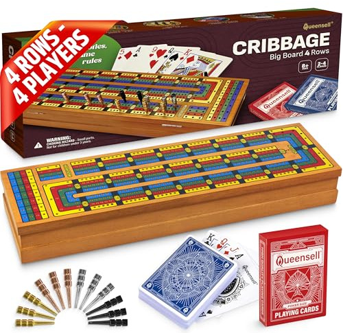 Cribbage Board Game Set with Storage – Wooden 4 Track Cribbage Board for 2–4 Players with Metal Pegs & Playing Cards – Classic Travel & Home Board Game