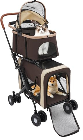 Doppeldecker Hundewagen Faltbarer Katzenbuggy mit 35 kg Tragkraft, Atmungsaktivem Mesh & Abnehmbaren Tragetaschen Leichter Haustierwagen Klappbar Kinderwagen für Haustiere (Kaffeefarben)