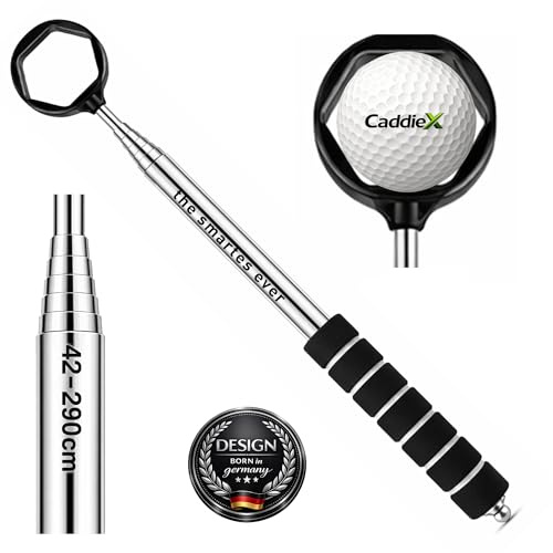 JAY K Golf Ball Angel Edelstahl – 9-Fach Teleskop bis 2,90 m – Kompakt 42 cm – Ergonomischer Softgriff – Sicheres 6-Kant-Greifsystem – Golfball Retriever Golfballangel in 5 Farben (Schwarz)