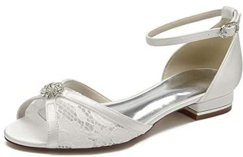 Yhsdfcn Blommig Spets och Satin Ballerinaskor Dam Platta, Peep Toe Brudskor med Ankelrem och Kristallbrosch, Bekväma Pumps för Bröllop med Rhinestone-spänne,A ivory,EU36