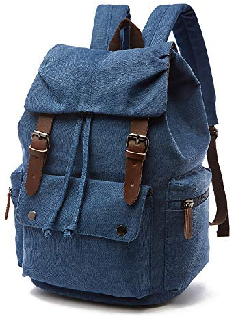 Rufun canvas ryggsäck vintage ryggsäck skolväska för laptop dagväska vandring resor stor kapacitet väska unisex, BLÅ