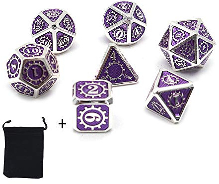 DollaTek Set med 7 st polyhedral i metall med svart förvaringsväska för rollspel spel fängelsehålor och drakar D&D matematikundervisning (redskap silver och lila)