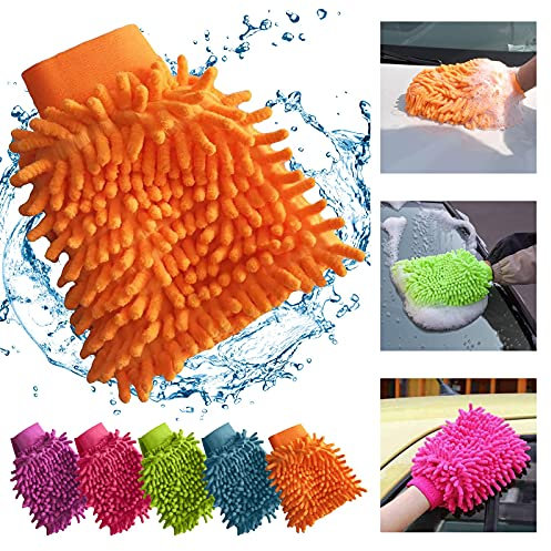 5 Pièces Gant de Lavage Voiture, Chenille Gants de Nettoyage, Gant Chenille, Gant de Toilette de Voiture Gant de Lavage en Chenille en Microfibre Gant de Toilette Double Face Anti-Rayures.