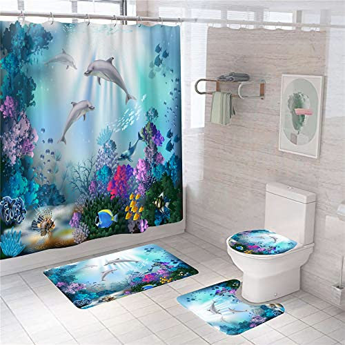 Hearda Juego de 4 Cortinas de Ducha Antideslizantes 3D Vida Marina Impresión para Baño + Tapa de Inodoro + Alfombras + Alfombrilla de Baño + Cortina de Ducha con 12 Ganchos (4PC,Pescado Azul)
