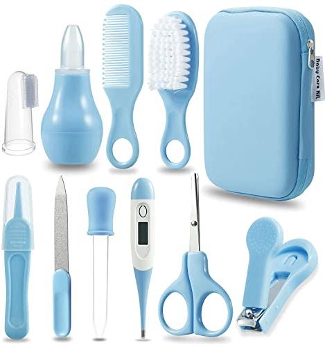 PandaEar Kit de Cuidado e Higiene para Bebés, Conjunto de Seguridad para Bebés, Peine, Cepillo, Cepillo de Dientes de Dedo, Cortaúñas, Tijeras, Aspirador Nasal (Azul)