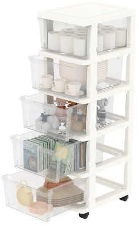 Cetomo Schubladenbox, Schubladenschrank, Aufbewahrungsturm mit Rollen, Kunststoff Schubladencontainer, Rollcontainer für Büro, Schlafzimmer, Wohnheim, Über DIN A4, Weiß & Transparent - 5 Schubladen
