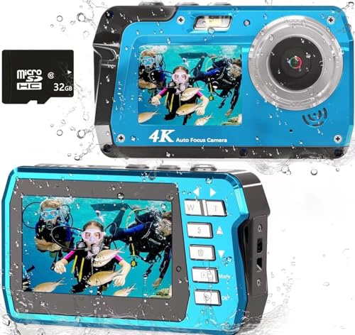 Cámara digital impermeable, cámara subacuática con tarjeta de 32 GB (instalada), 4K FHD 48MP de doble pantalla para selfie, cámara bajo el agua para fotografía, cámara impermeable de 10 pies para