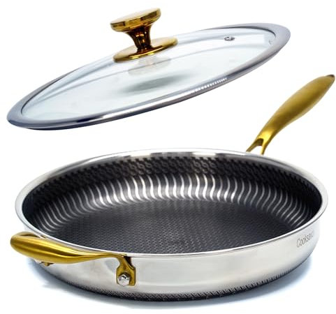 Cooksavor Padella in acciaio inossidabile, wok ibrido antiaderente da 30,5 cm con coperchio, padelle senza PFOA, wok in acciaio inossidabile antiaderente e padelle, pentole a induzione sicure in forno