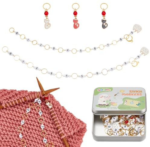 NBEADS 2 Pcs Number 0-9 Knitting Row Counter Chains, 3 Pcs Cat Stitch Markers Row Counter Chains Crochet Stitch Marker Locking Stitch Markers for Knitting Crochet Tracking Project Progress