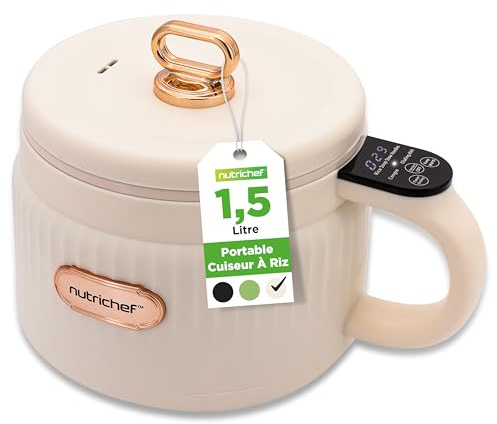 NutriChef Portable Electric Rice Cooker, 1.6L Mini Cooker with Non-Stick Ceramic Pot, Digital Control Panel, 6 Cooking Modes for Rice, Soup, Stew, Porridge & More, White, Cream