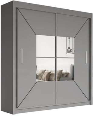 SERENITY SELECTION Modern Double Mirror Sliding Doors Wardrobe With Adjustable Shelves, Hanging Rails,Bedroom Furniture (Grey, 203cm)