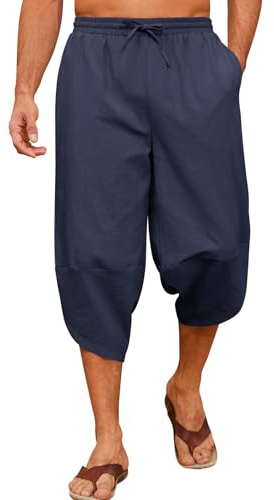 Yuson Girl 3/4 byxor, herr, lätta sommarbyxor, lös passform, sommar, strandbyxor, bomull, haremsbyxor, herrbyxor, fritidsbyxor med dragsko och fickor för semester, yoga, vardag, Marinblå, XL