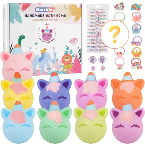 SHUCHING 9 Grande Bombas de Baño Unicornio Niños con Sorpresa, Bolas de Baño Infantiles con Juguetes, Set de Regalos Orgánico Natural para Cumpleaños Fiestas