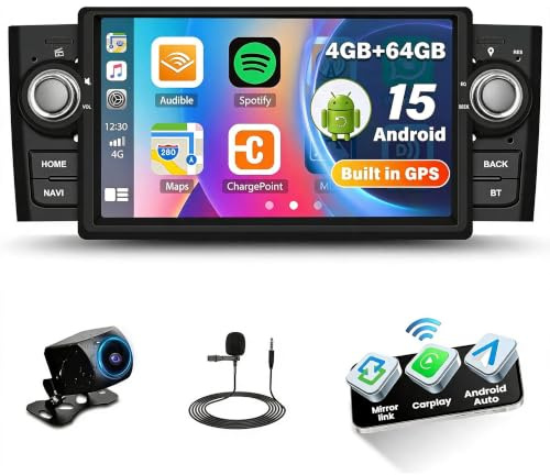 CAMECHO 4+64G Android 15 Autoradio per Fiat Punto 2005-2009/Linea 2007-2011 | Nav Wireless Carplay Android Auto, Stereo con Schermo da 7'' Bluetooth 5.0 RDS/FM GPS Mirror Link EQ +Telecamera