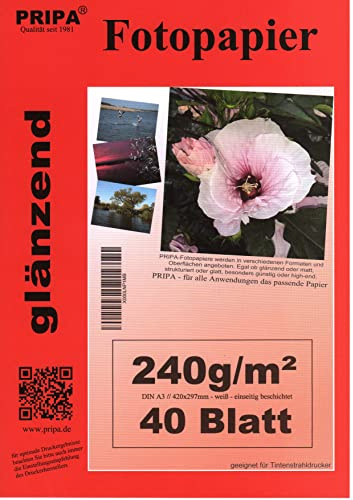pripa - A3-40 Blatt Fotopapier Photopapier DIN - A 3-240g/qm - glossy glaenzend - sofort trocken - wasserfest - hochweiß - sehr hohe Farbbrillianz fuer InkJet Drucker Tintenstrahldrucker