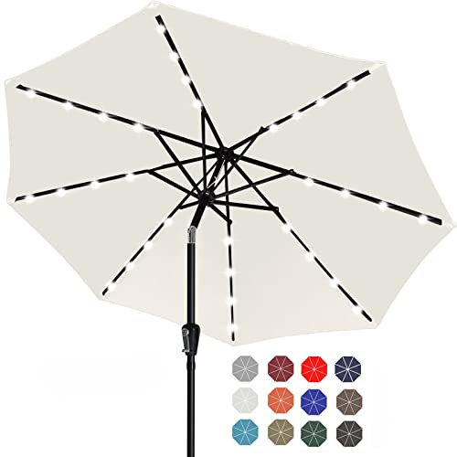 ABCCANOPY 2.7m Patio Umbrella Ourdoor Solar Umbrella LED Umbrellas with 32LED Lights, Tilt and Crank Table Umbrellas for Garden, Deck, Backyard and Pool (Beige)