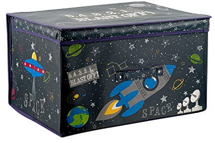 The Magic Toy Shop Large Foldable Kids Toy Storage Box with Lid - Black Colour and Space Design - Collapsible Fabric Organizer for Childrens Toys, Crafts, Clothes - for Boys & Girls Bedroom 50x30x40cm