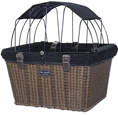 Travelin K9 Pet-Pilot MAX Wicker Bike Basket for Dogs/Cats - Includes Wire Cage Top w/Sun Shade + Plush Removable Padded Liner
