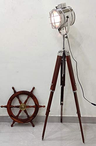 VintageTripod - Lámpara de pie cromada con trípode de madera