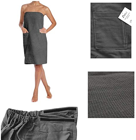 ARLI Saunakilt Damen Saunatuch Saunahandtuch Baumwolle Anthrazit Gummizug Tasche Klettverschluss praktisch individuell anpassbare Größe Sauna Sarong Kilt Wellness Hamam