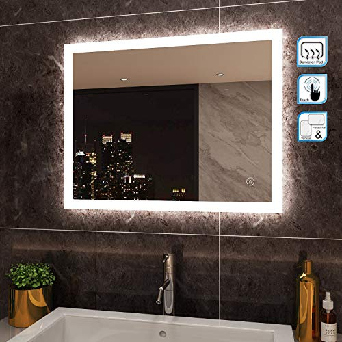 SIRHONA 90x70cm Miroir Salle de Bain avec Eclairage IP44, Miroir LED Salle de Bain avec Anti-buée, Horizontal/Vertical, Miroir de Salle de Bain Mural