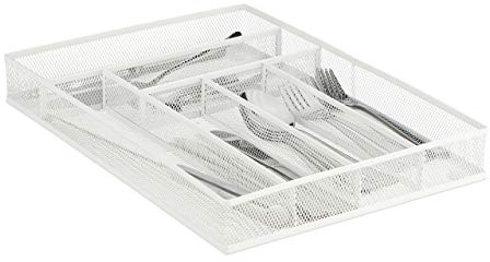 Relaxdays Bac à Couverts en métal, Organiseur de tiroir, ustensiles, 6 Compartiments, Maille, 5,5 x 29 x 41 cm, Blanc