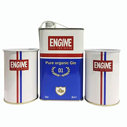 Gin Engine cl.50 con 2 bicchieri in metallo,il gin delle Langhe,Pure Organic Gin,il gin artigianale 100% italiano e biologico,il Gin in Tanica - senza astucco -i bicchieri possono variare disegno-
