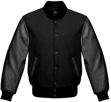 Lishow Fashion Varsity Baseball Letterman Bomber School Collage Black Wool & Genuine Black Leather Sleeves Jacket (Black, 2XL)