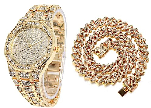 Halukakah Achteckiges Zifferblatt Diamant Golduhr Iced Out, Männer 18k Echtgold/Platin Weißgold Plattiert Quarz Armband 22cm, mit Kubanische-Kette Halskette Armband-Set Optionen, mit Geschenkbox