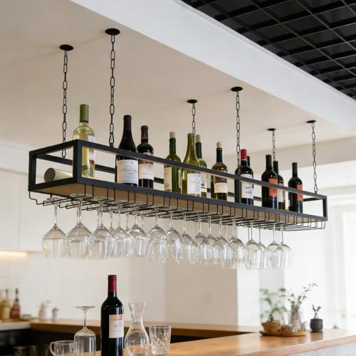 KEPMOGOH Botellero Soporte para Copa de Vino Colgante, Botellero de Vino Industrial Colgante, Altura ajustable Techo Botellero, Estante de Almacenamiento de Vino para el Hogar Bar Comedor Cocina