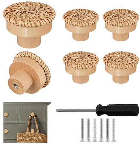 Yqhugbc 6 Pièces Boutons de Meuble en Rotin - Poignées Rondes en Bois Vintage avec Tournevis pour Tiroir