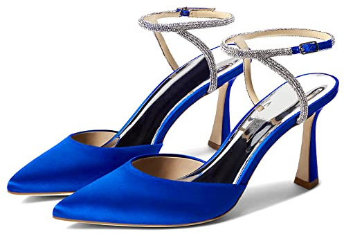 Coutgo Women Rhinestone Heels Kitten High Satin Pumps Pointed Toe Sparkly Sexy Wedding Dress Shoes