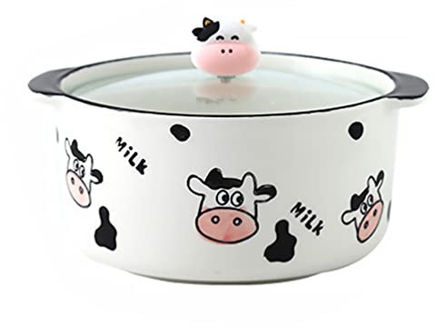 Yalych Ceramic Soup Bowl Soup Crock with Handles and Lid Cute Cow Design Casseroles Dishes Serving Bowls for Cereal Stew Chill Beef Stew Pot Pies Instant Noodle Oven Dishwasher Safe Bowls