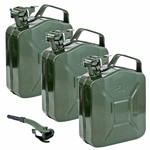 Holmwerk 3x Kraftstoffkanister Metallkanister mit Ausgießer UN-Zulassung Olivgrün RAL6003 Benzinkanister Dieselkanister (5 Liter grün)
