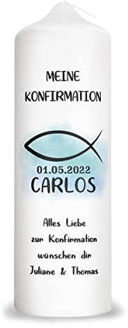 GRAVURZEILE Bedruckte Kerze - Konfirmation Fisch - zur & Kommunion - Personalisiert mit Namen - Geschenk für Mädchen Jungen - Stumpenkerze 250/80 mm - Farbe: Blau, 25 centimeters