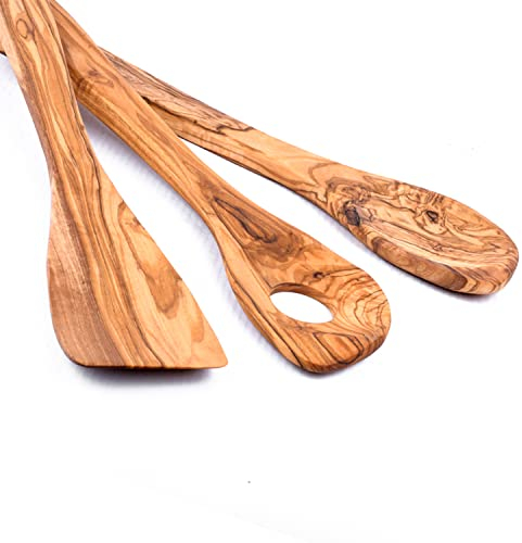 hochwertiger 3 Kochlöffel - 3 Set aus Olivenholz - rund + mit Ecke +Pfannenwender