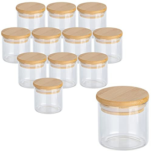 gouveo 12er Set Vorratsgläser 150 ml aus Borosilikatglas rund mit Deckel - Kleines Aufbewahrungsglas 0,15 l zum Befüllen - Robuster Glasbehälter für Gewürze, Kosmetik, Basteln