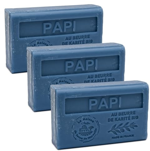 Savon De Marseille – Französische Seife mit Bio-Sheabutter – Großvaterduft (Papi) – Set mit 3 Riegeln, 125 g
