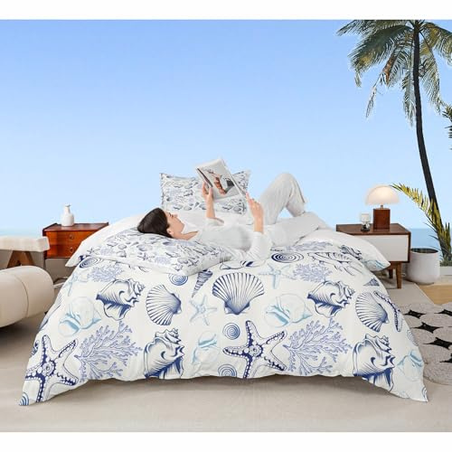 Coastal Duvet Cover Set Twin Size,Beach Seashell Starfish Coral Bedding Set 2Pcs,Sea Ocean Theme Comforter Cover for Kids Teens Adult Bedroom Decor,Navy Sketch Nautical Quilt Cover,1 Pillowcase