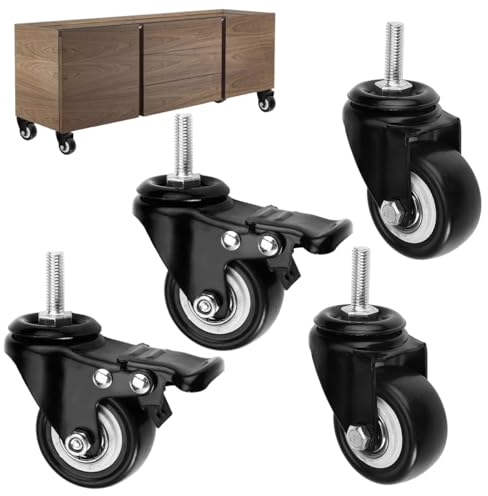 4 Pezzi Rotelle per Mobili Pesanti, M8 × 25mm Ruote per Carrello con Freno, Ruote Girevoli, Ruote per Mobili da 50mm, Silenzioso Rotelle Per Mobili e Elettrodomestici, Portata Max 280kg (Nero)