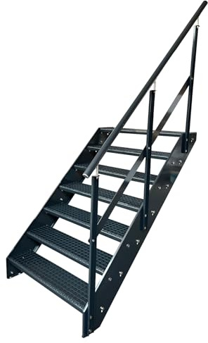 Kaminbau Mierzwa Premium Stahl Treppe mit Geländer Rechts in komplett Anthrazit RAL 7016/7 Stufen (Breite 800 mm) (Höhe 133 cm) Wetterfest Gitterroststufe Gartentreppe