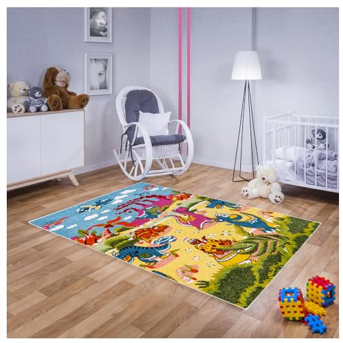 Teppich für Kinderzimmer Bunt Kinderteppich 140 cm x 190 cm Spielteppich mit Dinosaurier Urwelt Motiv, Babyteppich für Mädchen und Jungen