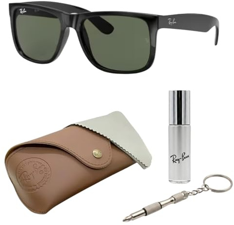 Ray-Ban RB4165 Justin quadratische Sonnenbrille, BRILLEN-SET | Exklusiv-Etui und Care-Kit | Polished Black/Dark Green