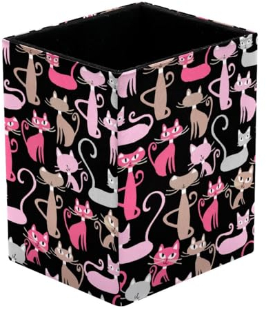 VAPOKF Stifthalter für Schreibtisch, rosa und braune Katzen auf schwarzem Druck, Stifthalter, Stiftehalter, Make-up-Pinsel, Aufbewahrung, Schreibtisch, Schreibwaren, Organizer für Home Office