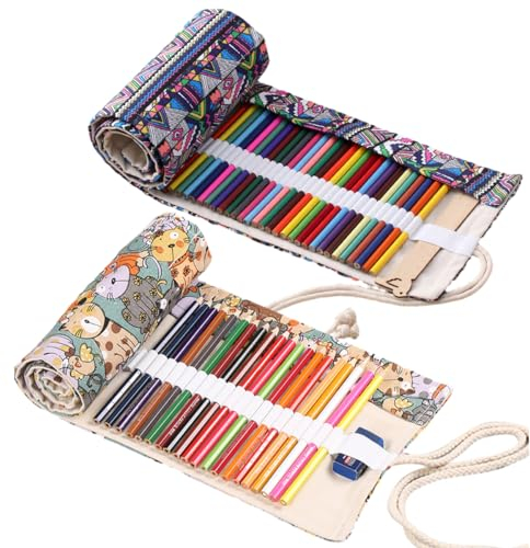 2 Stück 36 Löcher Stifterolle Rollmäppchen Verpackungshalter Bleistift Wrap, Leinwand Stifterolle Pencil Wrap für Aquarellstifte, Buntstifte, Schminkstifte, Künstler, Kunststudenten Skizze Zeichnung
