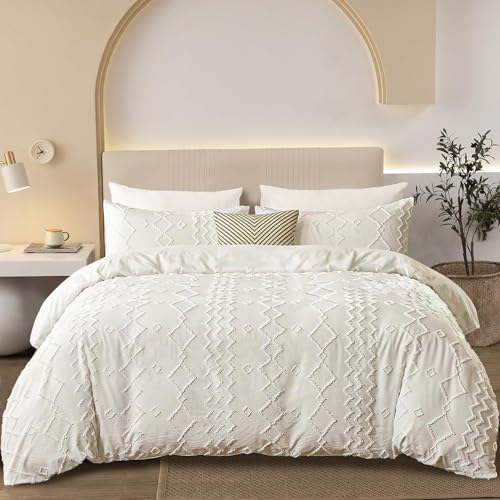 DXHOME Ropa de cama Boho de 200 x 200 cm, color beige, 3 piezas, diseño geométrico, reversible, estilo bohemio, suave microfibra, funda nórdica con cremallera y 2 fundas de almohada de 80 x 80 cm