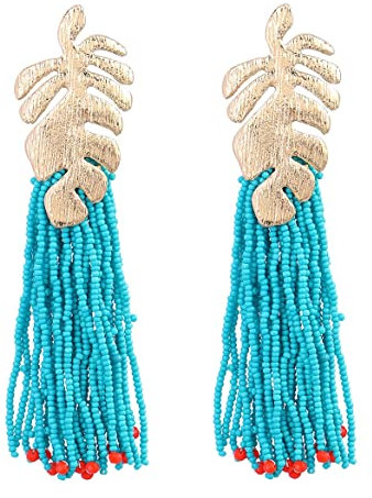 Palm Leaf Tassel Earrings, Monstera Leaf Dangle Earrings for Women, Bohemian Beaded Leaf Fringe Earrings, Tropical Plant Leaf Statement Earrings Boho Jewelry, Gold Coconut Palm Leaf Drop Earrings
